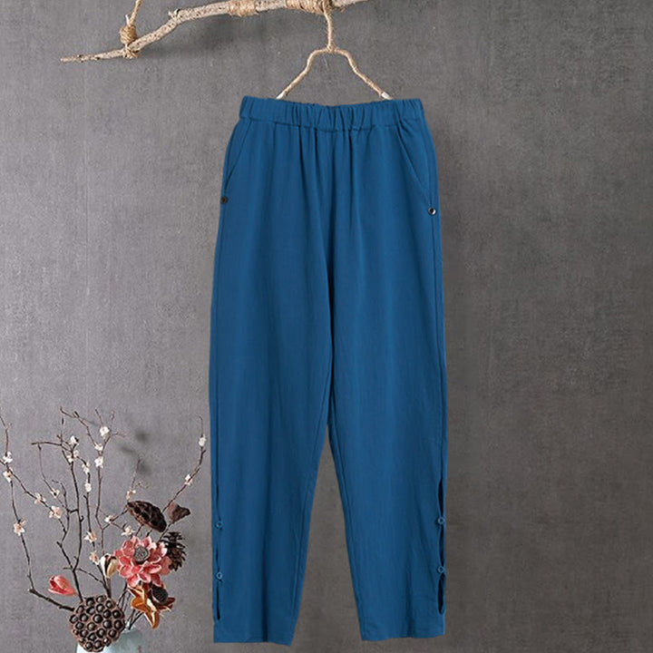 Pantalones de lino y algodón para mujer con diseño casual de Buddha Stones, color puro, con puños abotonados y bolsillos - Azul acero - US14, UK/AU18, EU46 (3XL) - image 25