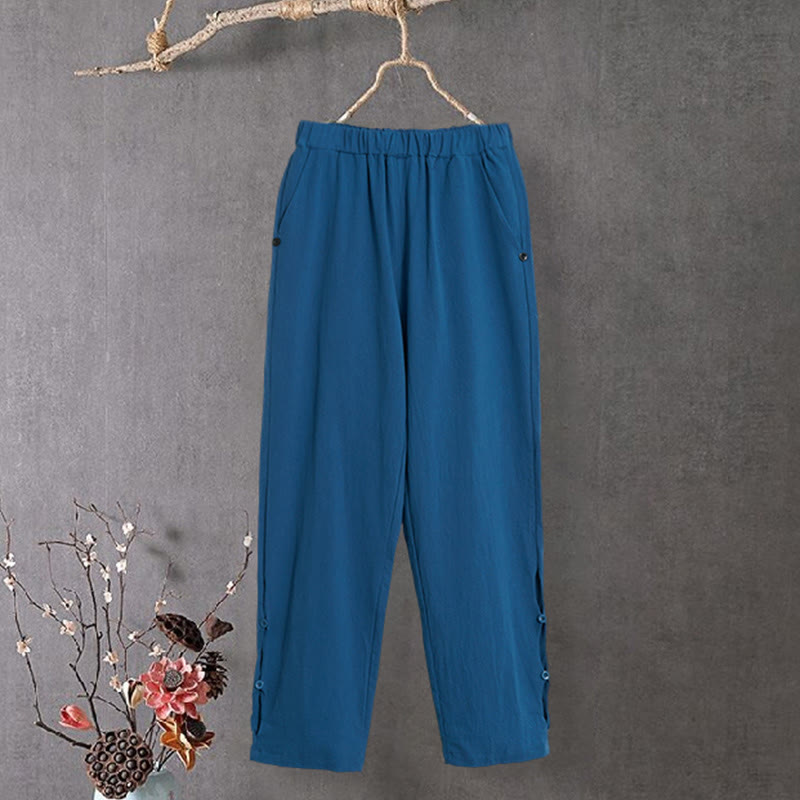 Pantalones de lino y algodón para mujer con diseño casual de Buddha Stones, color puro, con puños abotonados y bolsillos - image 24