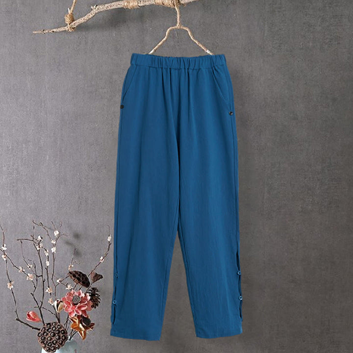 Pantalones de lino y algodón para mujer con diseño casual de Buddha Stones, color puro, con puños abotonados y bolsillos - image 24