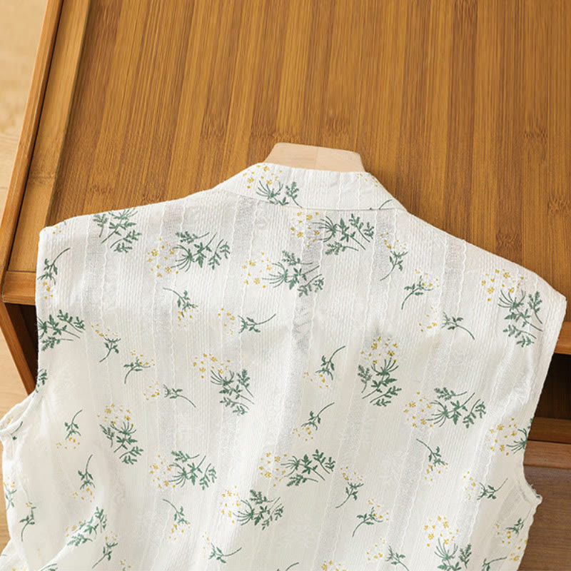 Chaleco sin mangas de algodón para mujer con estampado retro de Buddha Stones y estampado floral de plantas y botones de rana china - image 3