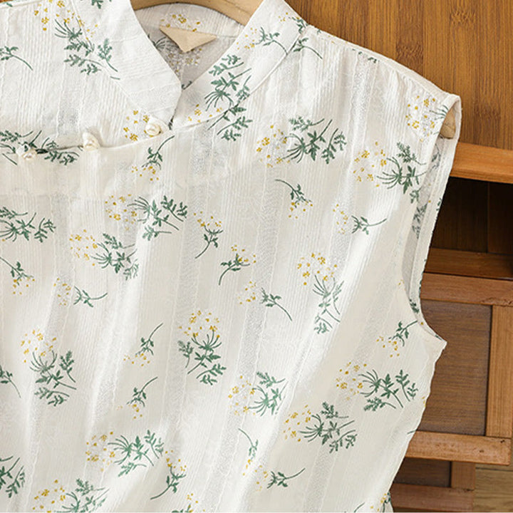 Chaleco sin mangas de algodón para mujer con estampado retro de Buddha Stones y estampado floral de plantas y botones de rana china - image 4