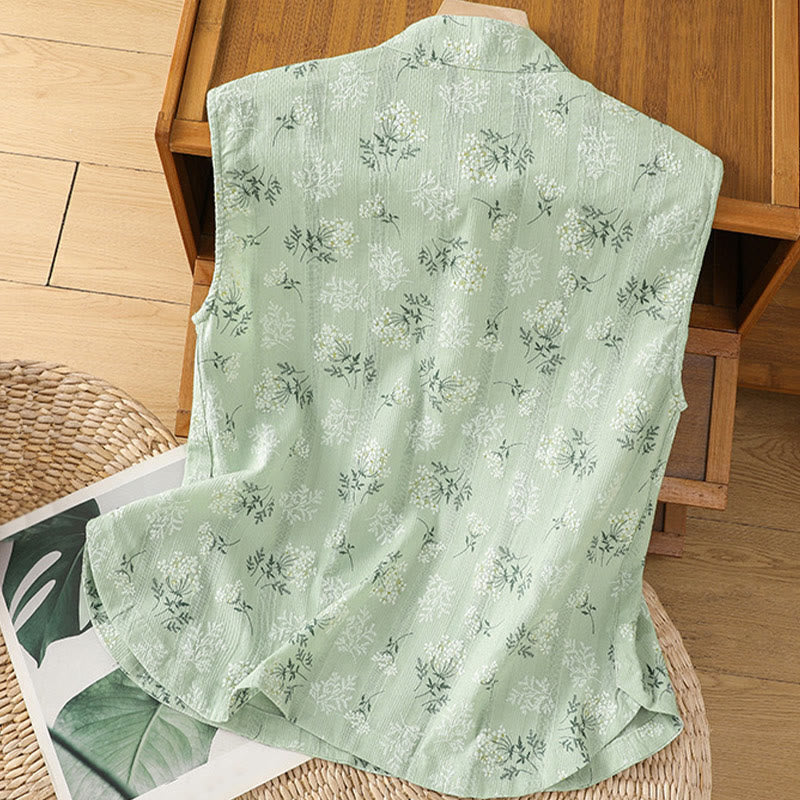 Chaleco sin mangas de algodón para mujer con estampado retro de Buddha Stones y estampado floral de plantas y botones de rana china - image 18