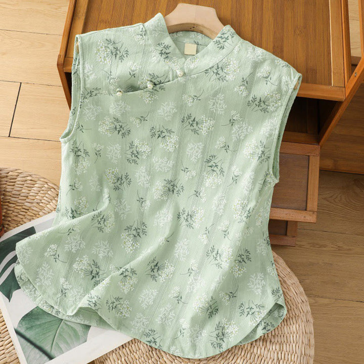 Chaleco sin mangas de algodón para mujer con estampado retro de Buddha Stones y estampado floral de plantas y botones de rana china - Verde pálido - US8-10，UK/AU12-14，EU40-42 (2XL) - image 17
