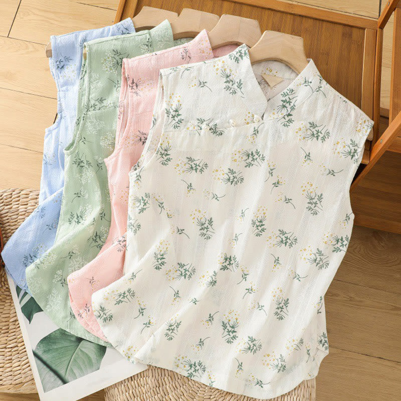 Chaleco sin mangas de algodón para mujer con estampado retro de Buddha Stones y estampado floral de plantas y botones de rana china - image 30