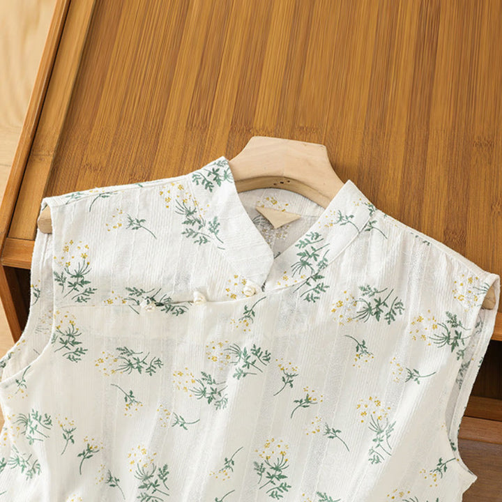 Chaleco sin mangas de algodón para mujer con estampado retro de Buddha Stones y estampado floral de plantas y botones de rana china - image 2