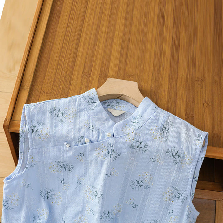 Chaleco sin mangas de algodón para mujer con estampado retro de Buddha Stones y estampado floral de plantas y botones de rana china - image 27