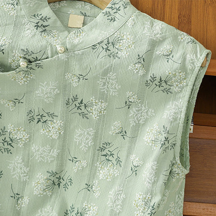 Chaleco sin mangas de algodón para mujer con estampado retro de Buddha Stones y estampado floral de plantas y botones de rana china - image 21