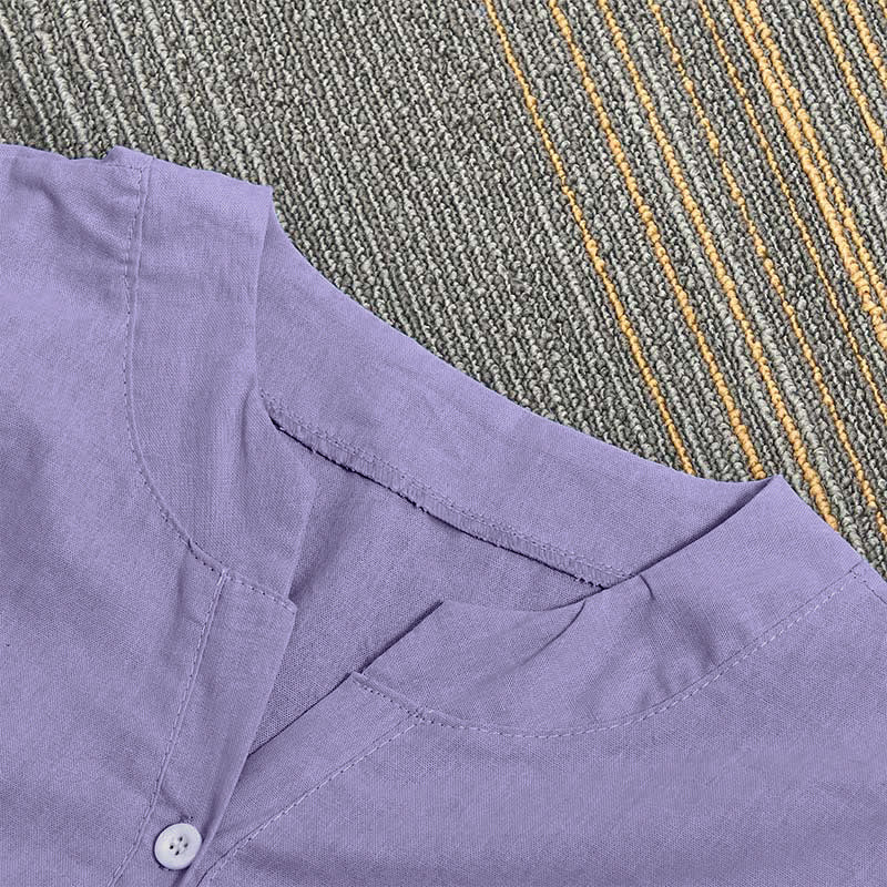 Camisa informal de manga corta con cuello entallado y botones lisos de Buddha Stones para mujer - image 3