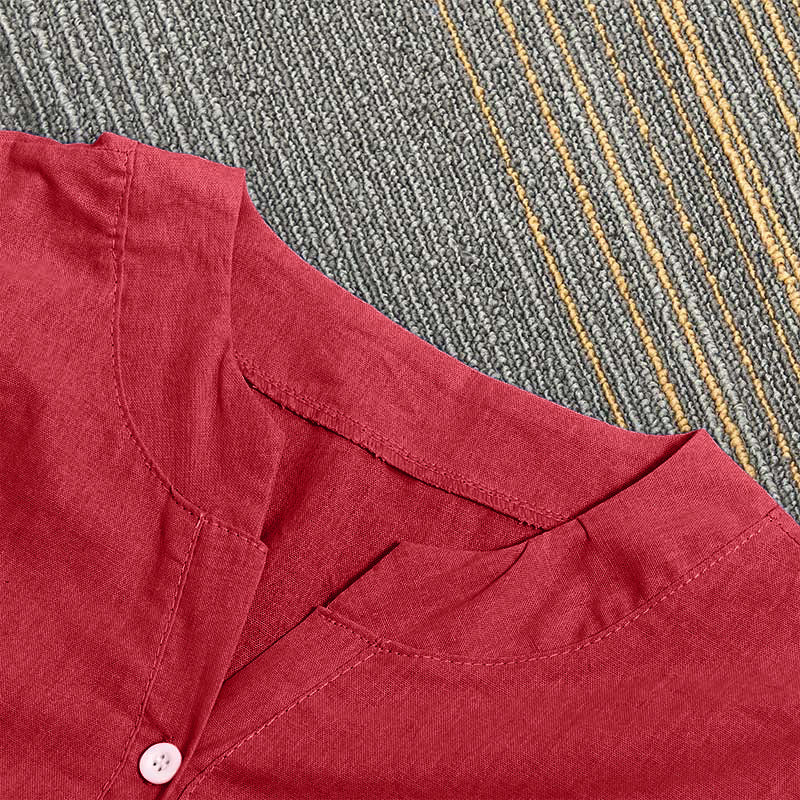 Camisa informal de manga corta con cuello entallado y botones lisos de Buddha Stones para mujer - image 34