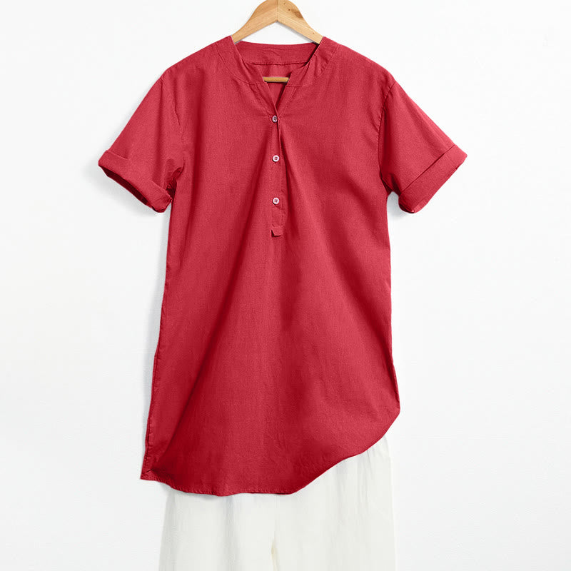 Camisa informal de manga corta con cuello entallado y botones lisos de Buddha Stones para mujer - Rojo - US20，UK/AU24，EU52 (5XL) - image 30