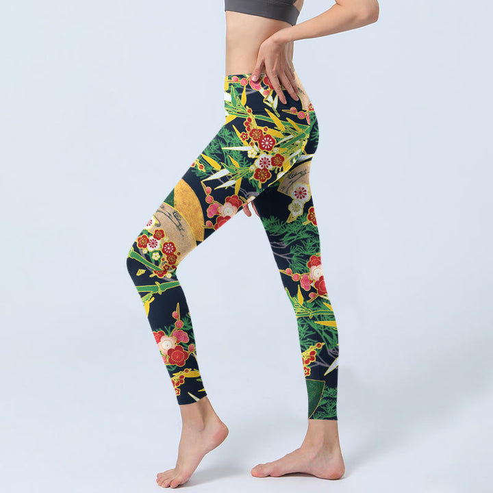 Leggings de yoga para mujer con estampado de Buddha Stones, flores rojas, bambú y pinos de color verde amarillento. - image 2