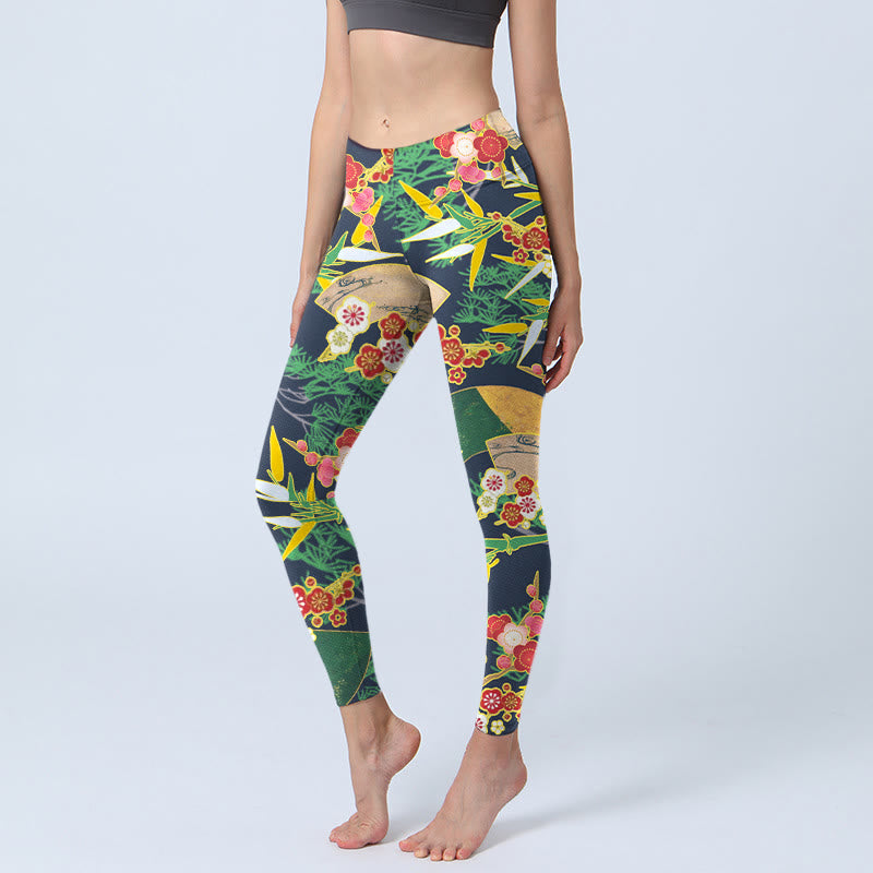 Leggings de yoga para mujer con estampado de Buddha Stones, flores rojas, bambú y pinos de color verde amarillento. - Verde mar medio - US18，UK/AU22，EU50 (4XL) - image 1
