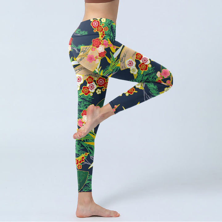 Leggings de yoga para mujer con estampado de Buddha Stones, flores rojas, bambú y pinos de color verde amarillento. - image 3