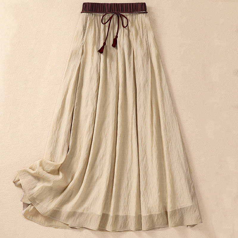 Falda plisada con cordones y diseño casual de Buddha Stones en colores contrastantes para mujer, de algodón y lino, de largo 7-8 - Vara de oro pálida - US8-10，UK/AU12-14，EU40-42 (2XL) - image 0