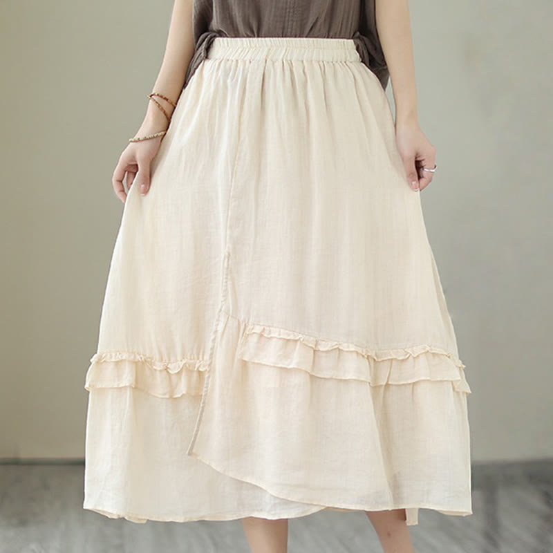 Falda de lino y algodón para mujer con diseño irregular, con volantes, colores puros y artísticos vintage de Buddha Stones - image 1