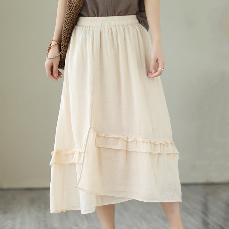 Falda de lino y algodón para mujer con diseño irregular, con volantes, colores puros y artísticos vintage de Buddha Stones - Amarillo dorado claro - US8-10，UK/AU12-14，EU40-42 (2XL) - image 0