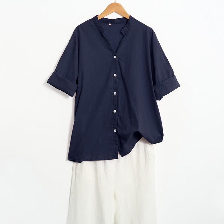 Camisa de lino y algodón de manga corta para mujer, informal, de verano, con cuello entallado y botones, estilo Buddha Stones - image 5
