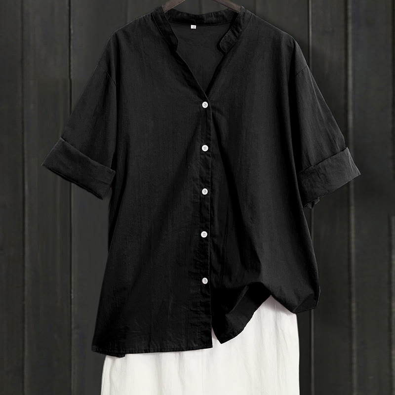 Camisa de lino y algodón de manga corta para mujer, informal, de verano, con cuello entallado y botones, estilo Buddha Stones - Negro - US20，UK/AU24，EU52 (5XL) - image 6