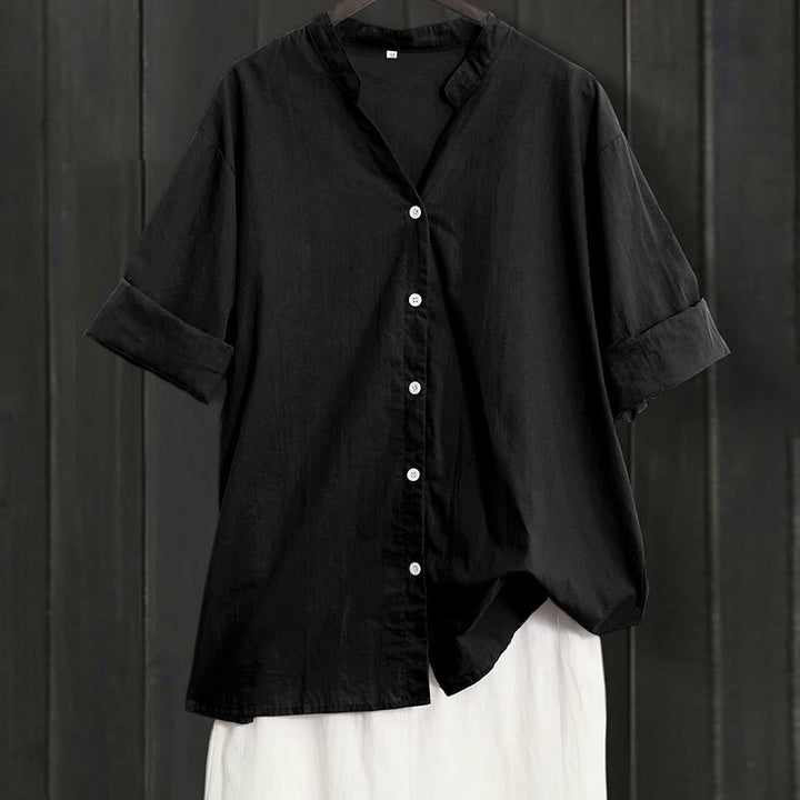 Camisa de lino y algodón de manga corta para mujer, informal, de verano, con cuello entallado y botones, estilo Buddha Stones - Negro - US20，UK/AU24，EU52 (5XL) - image 6