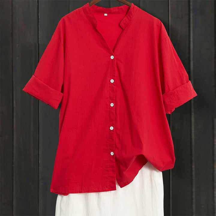 Camisa de lino y algodón de manga corta para mujer, informal, de verano, con cuello entallado y botones, estilo Buddha Stones - Carmesí - US20，UK/AU24，EU52 (5XL) - image 12