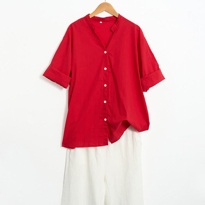 Camisa de lino y algodón de manga corta para mujer, informal, de verano, con cuello entallado y botones, estilo Buddha Stones - image 17