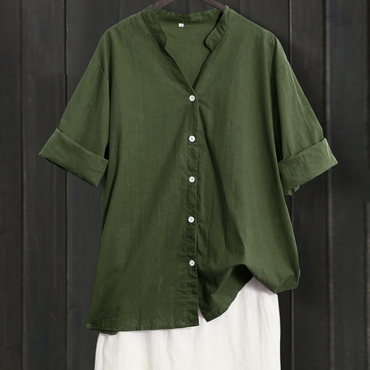 Camisa de lino y algodón de manga corta para mujer, informal, de verano, con cuello entallado y botones, estilo Buddha Stones - Verde bosque - US20，UK/AU24，EU52 (5XL) - image 18