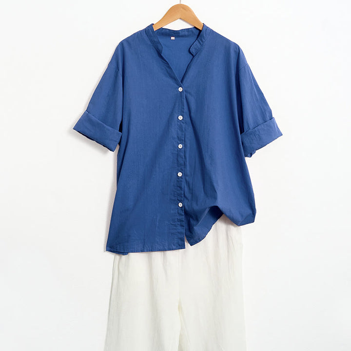 Camisa de lino y algodón de manga corta para mujer, informal, de verano, con cuello entallado y botones, estilo Buddha Stones - image 29