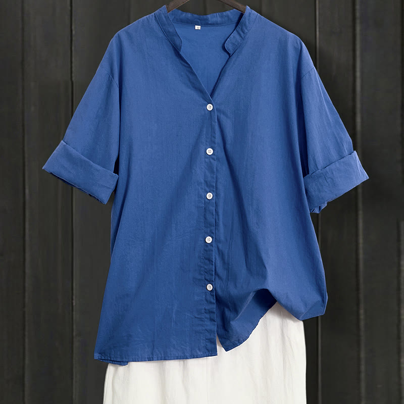Camisa de lino y algodón de manga corta para mujer, informal, de verano, con cuello entallado y botones, estilo Buddha Stones - Azul real - US20，UK/AU24，EU52 (5XL) - image 24