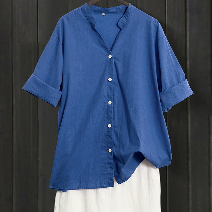 Camisa de lino y algodón de manga corta para mujer, informal, de verano, con cuello entallado y botones, estilo Buddha Stones - Azul real - US20，UK/AU24，EU52 (5XL) - image 24