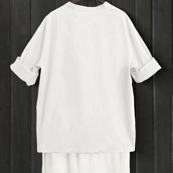 Camisa de lino y algodón de manga corta para mujer, informal, de verano, con cuello entallado y botones, estilo Buddha Stones - image 31