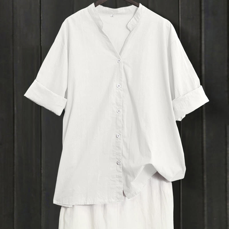 Camisa de lino y algodón de manga corta para mujer, informal, de verano, con cuello entallado y botones, estilo Buddha Stones - Blanco - US20，UK/AU24，EU52 (5XL) - image 30