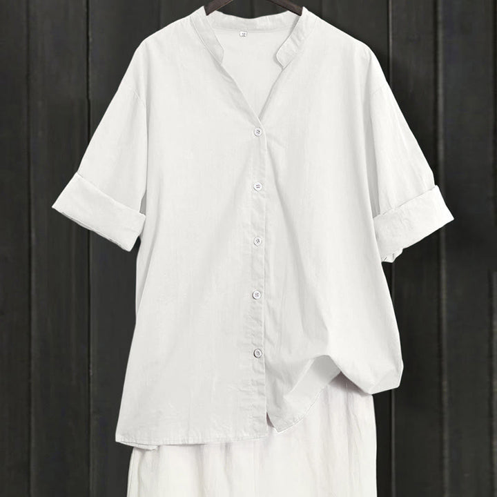 Camisa de lino y algodón de manga corta para mujer, informal, de verano, con cuello entallado y botones, estilo Buddha Stones - Blanco - US20，UK/AU24，EU52 (5XL) - image 30