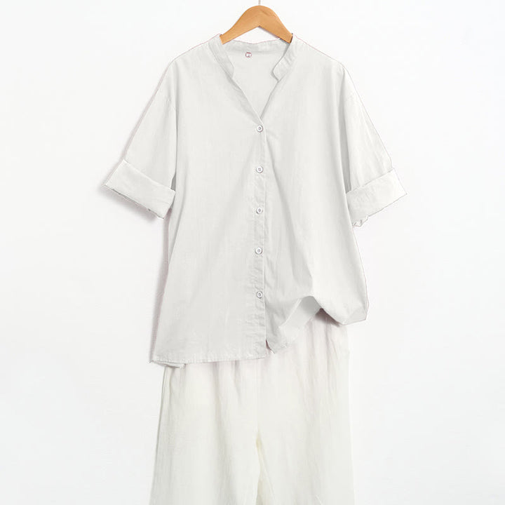 Camisa de lino y algodón de manga corta para mujer, informal, de verano, con cuello entallado y botones, estilo Buddha Stones - image 35
