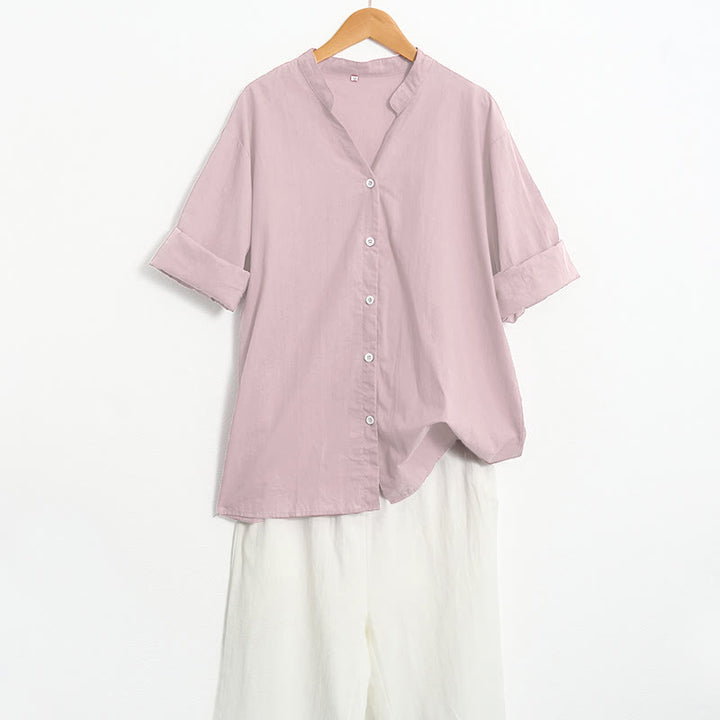 Camisa de lino y algodón de manga corta para mujer, informal, de verano, con cuello entallado y botones, estilo Buddha Stones - image 41