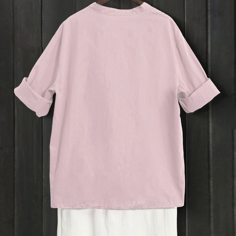 Camisa de lino y algodón de manga corta para mujer, informal, de verano, con cuello entallado y botones, estilo Buddha Stones - image 37