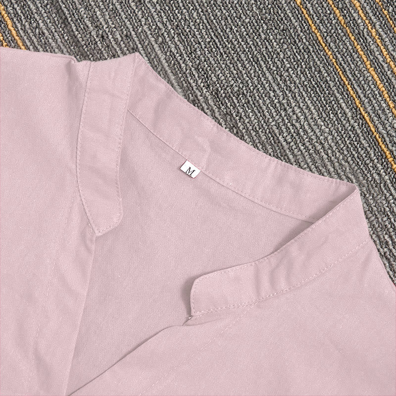 Camisa de lino y algodón de manga corta para mujer, informal, de verano, con cuello entallado y botones, estilo Buddha Stones - image 38