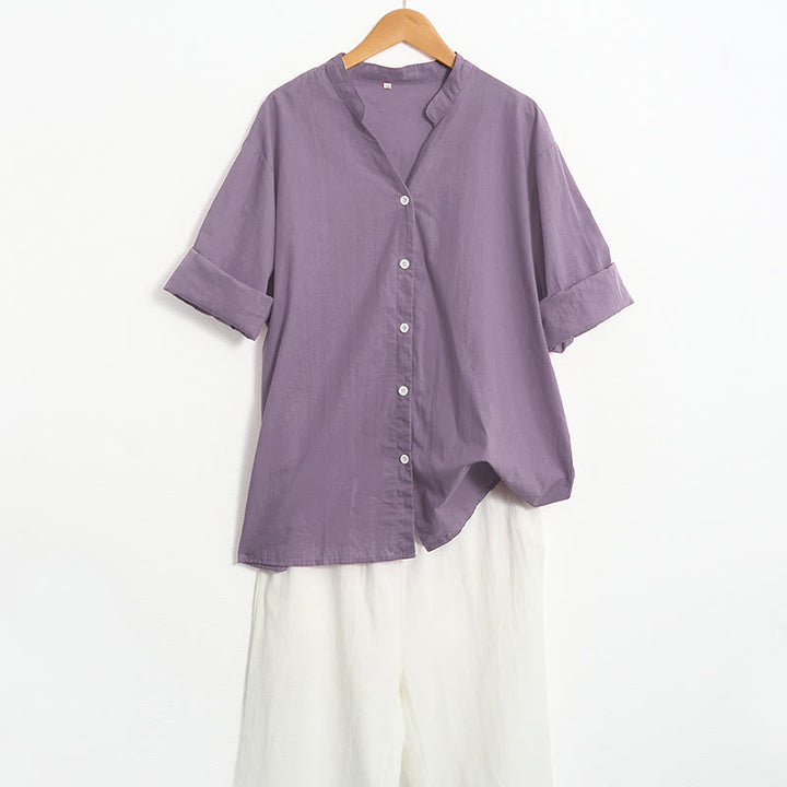 Camisa de lino y algodón de manga corta para mujer, informal, de verano, con cuello entallado y botones, estilo Buddha Stones - image 47