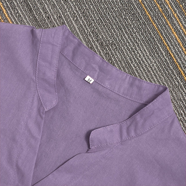 Camisa de lino y algodón de manga corta para mujer, informal, de verano, con cuello entallado y botones, estilo Buddha Stones - image 44