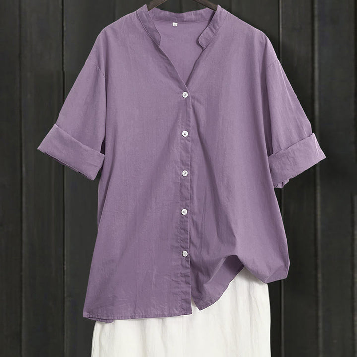 Camisa de lino y algodón de manga corta para mujer, informal, de verano, con cuello entallado y botones, estilo Buddha Stones - Orquídea mediana - US20，UK/AU24，EU52 (5XL) - image 42