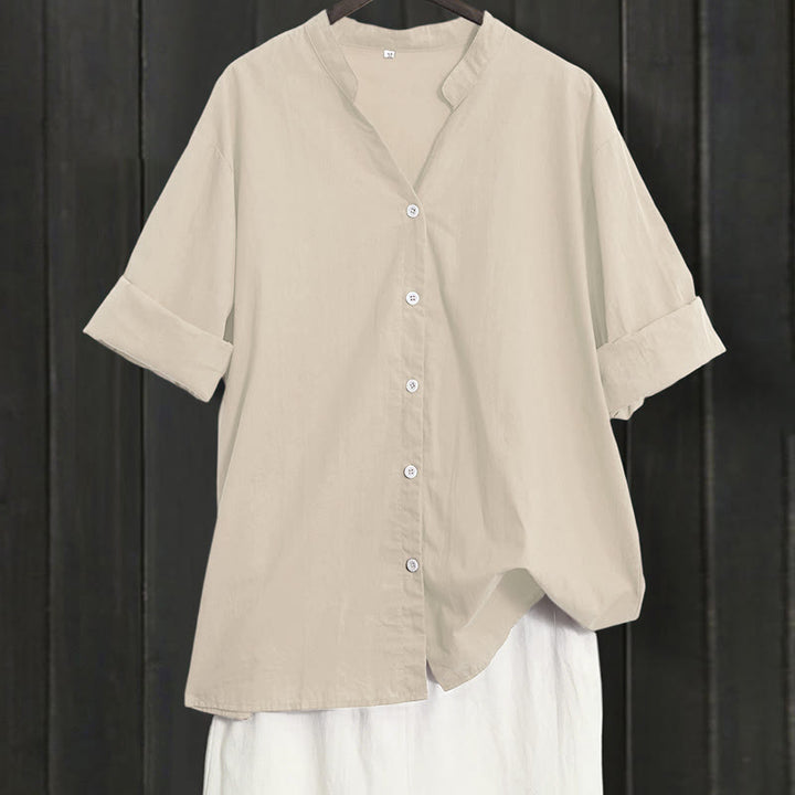Camisa de lino y algodón de manga corta para mujer, informal, de verano, con cuello entallado y botones, estilo Buddha Stones - Amarillo dorado claro - US20，UK/AU24，EU52 (5XL) - image 48