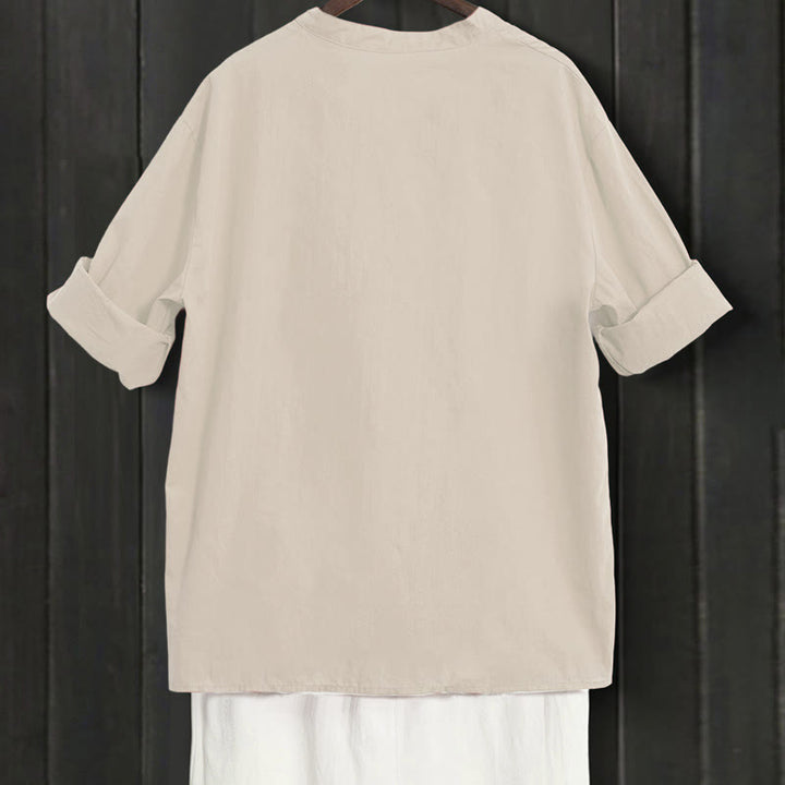 Camisa de lino y algodón de manga corta para mujer, informal, de verano, con cuello entallado y botones, estilo Buddha Stones - image 49