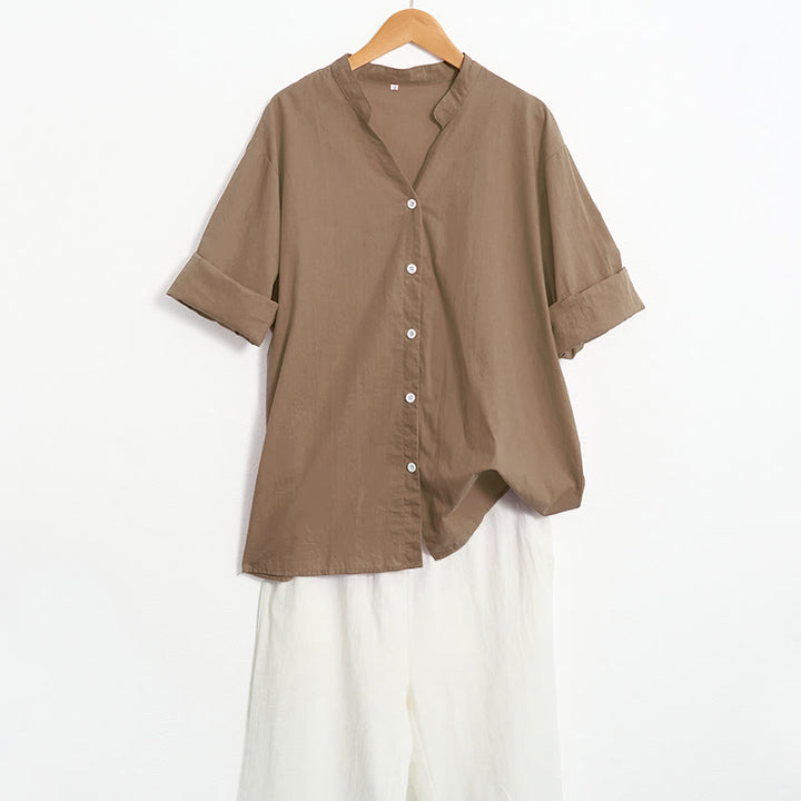 Camisa de lino y algodón de manga corta para mujer, informal, de verano, con cuello entallado y botones, estilo Buddha Stones - image 59