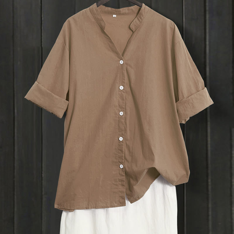 Camisa de lino y algodón de manga corta para mujer, informal, de verano, con cuello entallado y botones, estilo Buddha Stones - Vara de oro oscuro - US20，UK/AU24，EU52 (5XL) - image 54