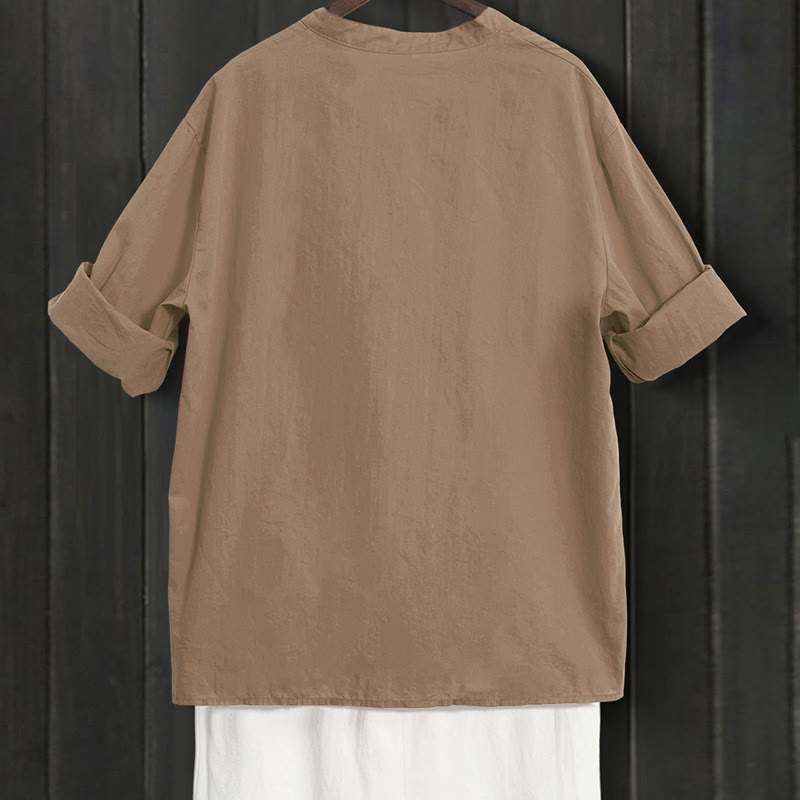 Camisa de lino y algodón de manga corta para mujer, informal, de verano, con cuello entallado y botones, estilo Buddha Stones - image 55