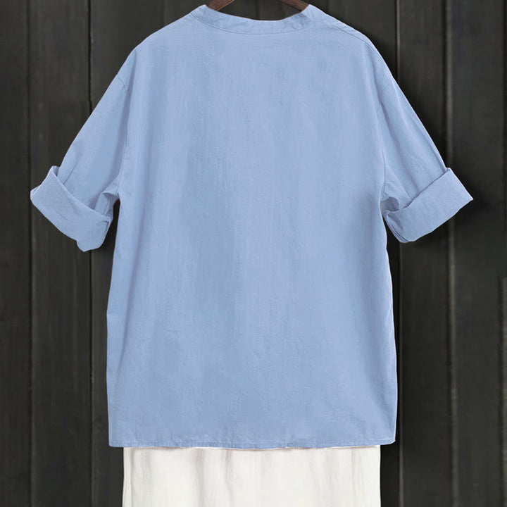 Camisa de lino y algodón de manga corta para mujer, informal, de verano, con cuello entallado y botones, estilo Buddha Stones - image 61