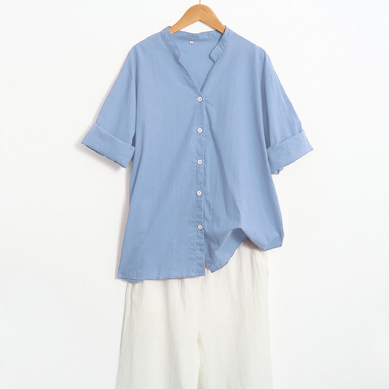 Camisa de lino y algodón de manga corta para mujer, informal, de verano, con cuello entallado y botones, estilo Buddha Stones - image 65