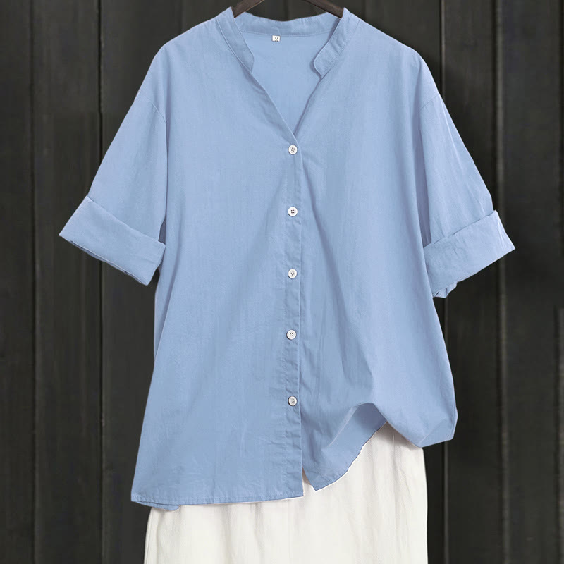 Camisa de lino y algodón de manga corta para mujer, informal, de verano, con cuello entallado y botones, estilo Buddha Stones - Azul acero claro - US20，UK/AU24，EU52 (5XL) - image 60