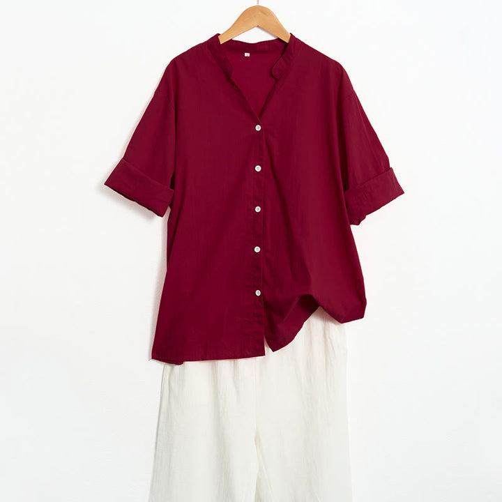 Camisa de lino y algodón de manga corta para mujer, informal, de verano, con cuello entallado y botones, estilo Buddha Stones - image 71