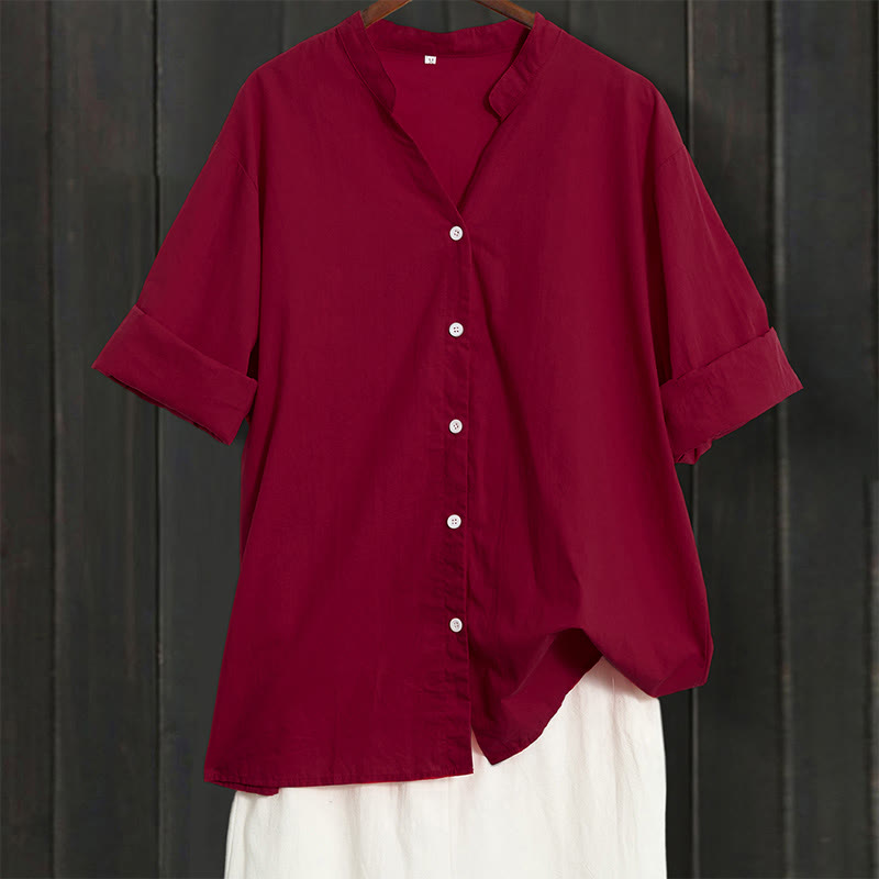 Camisa de lino y algodón de manga corta para mujer, informal, de verano, con cuello entallado y botones, estilo Buddha Stones - Rojo indio - US20，UK/AU24，EU52 (5XL) - image 66
