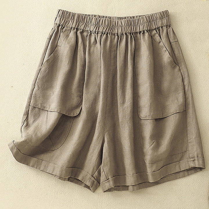 Pantalones cortos rectos elásticos de algodón y lino para mujer, informales, de verano, con bolsillos, de Buddha Stones